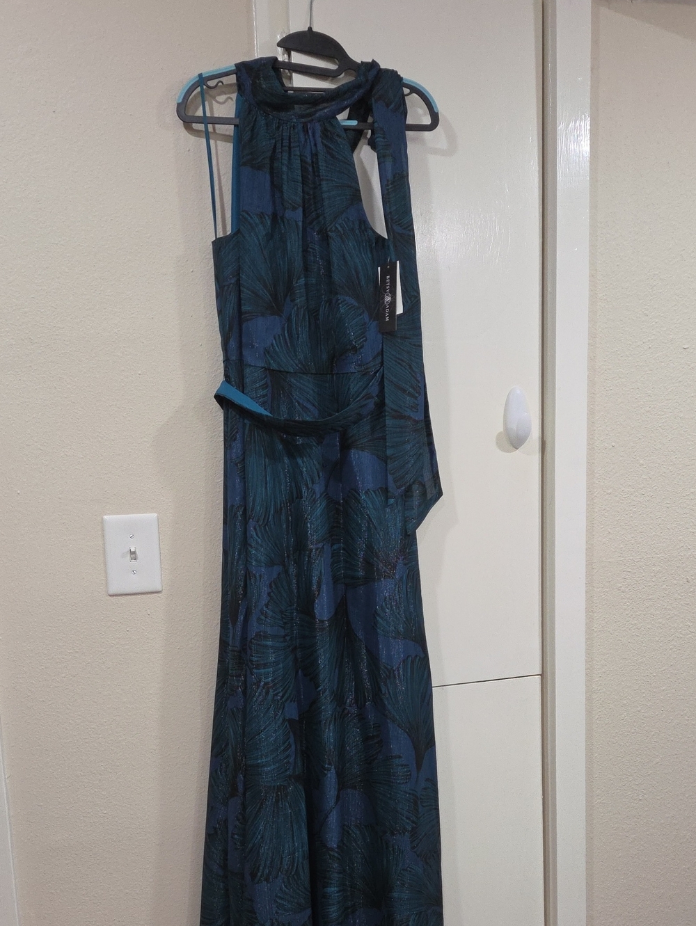 Sleeveless Teal & Navy Maxi Dress with Scarf Detail